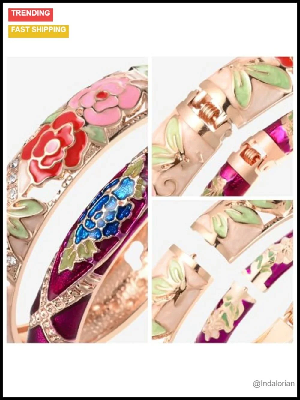 Vintage Cloisonne Enameled Rhinestone Rose Hinged Cuff Bracelet Bangle Set